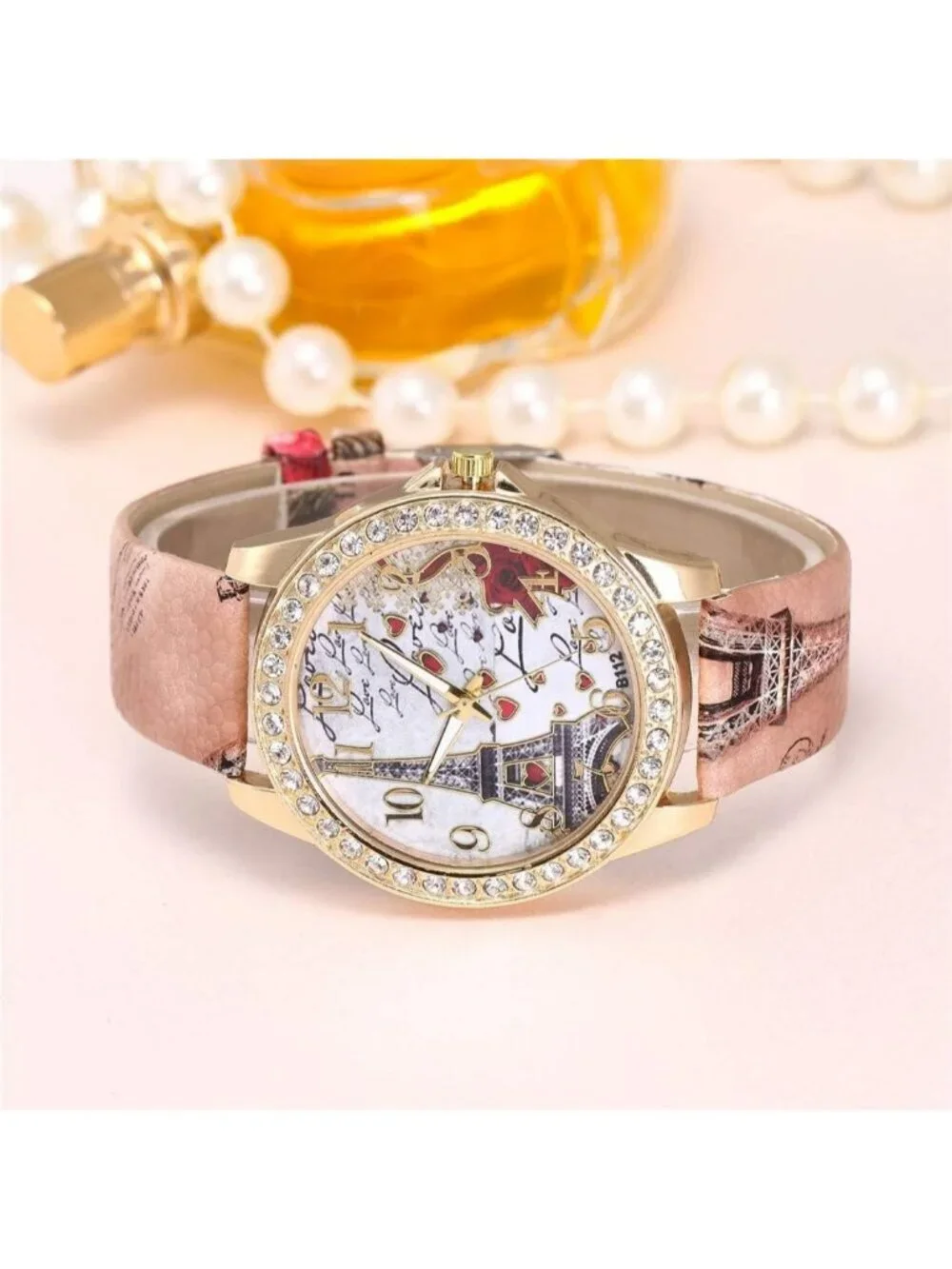 Women's Brown Analog Quartz Solid Pu Leather Strap Bling Rhinestone Wrist Watch